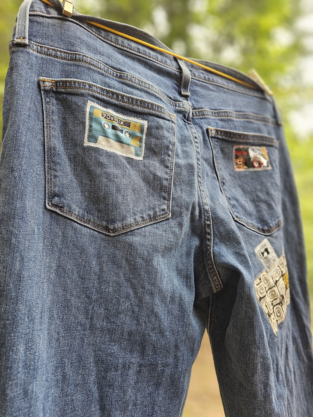 J. Crew Blue Patchwork Straight-Leg Jeans with Vintage Graphic Patches - Picture 4 of 6